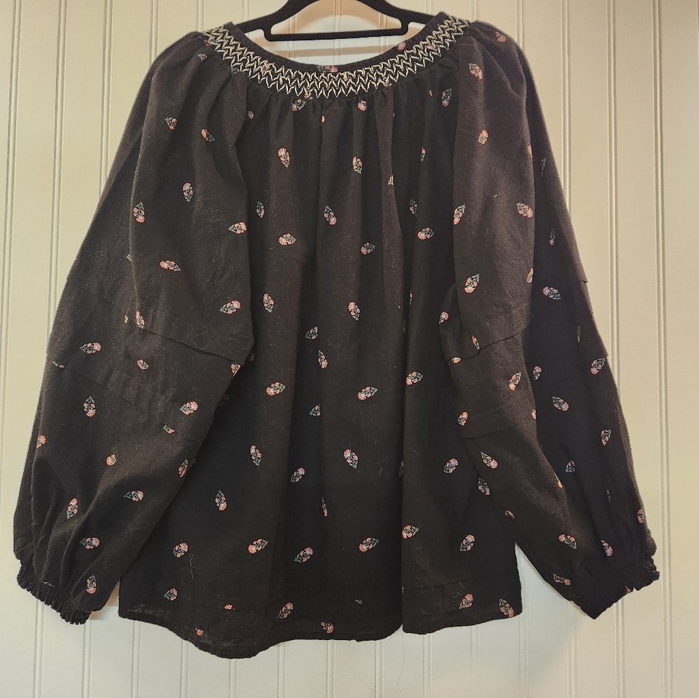 Old Navy Women Black Floral Print Peasant Tunic Top Size L Whimsygoth Boho Flowy - Picture 2 of 13